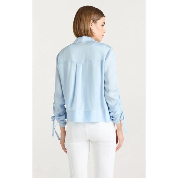 CINQ A SEPT Dale Ruched Sleeve Cupro Blue Satin Jacket - Picture 3 of 9